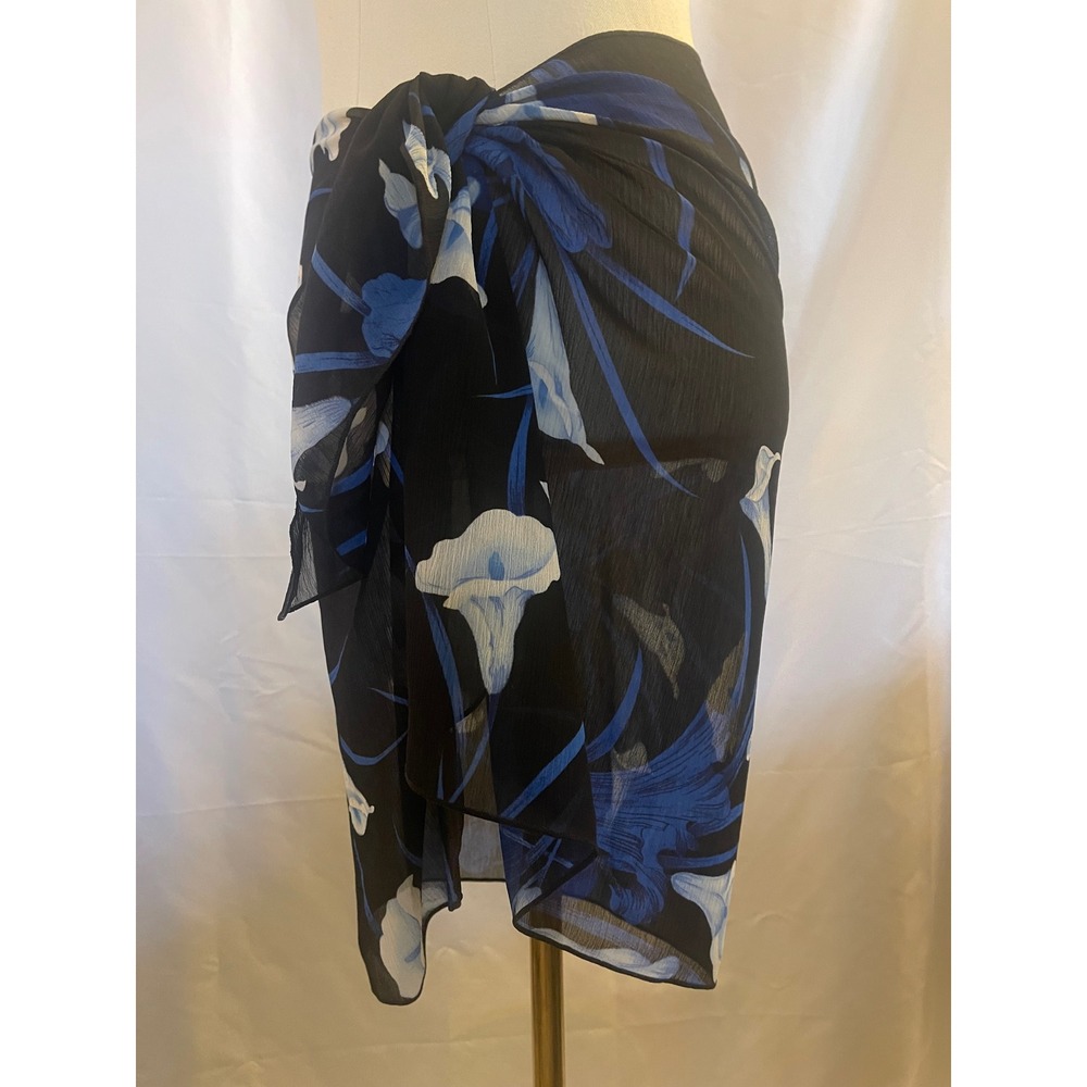 Cherokee Blue Floral Sheer Sarong Wrap Skirt Cover Up Black White Lily S/M